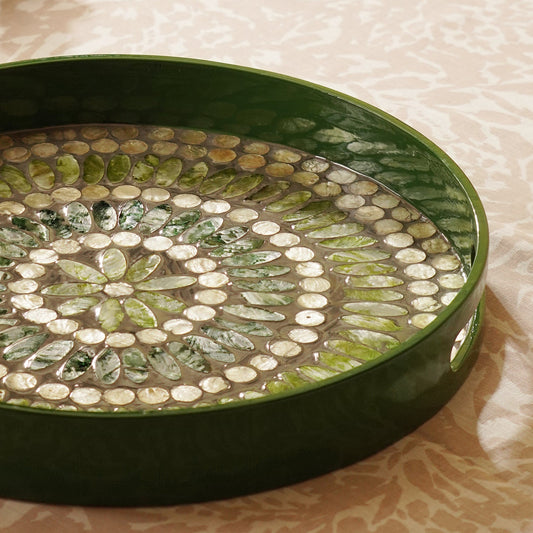 Green Embellished Lacquer Round Serving Tray