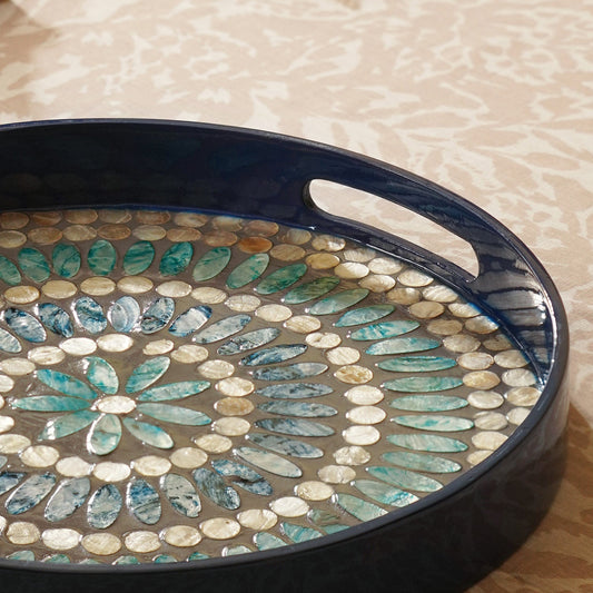 Blue Embellished Lacquer Round Serving Tray
