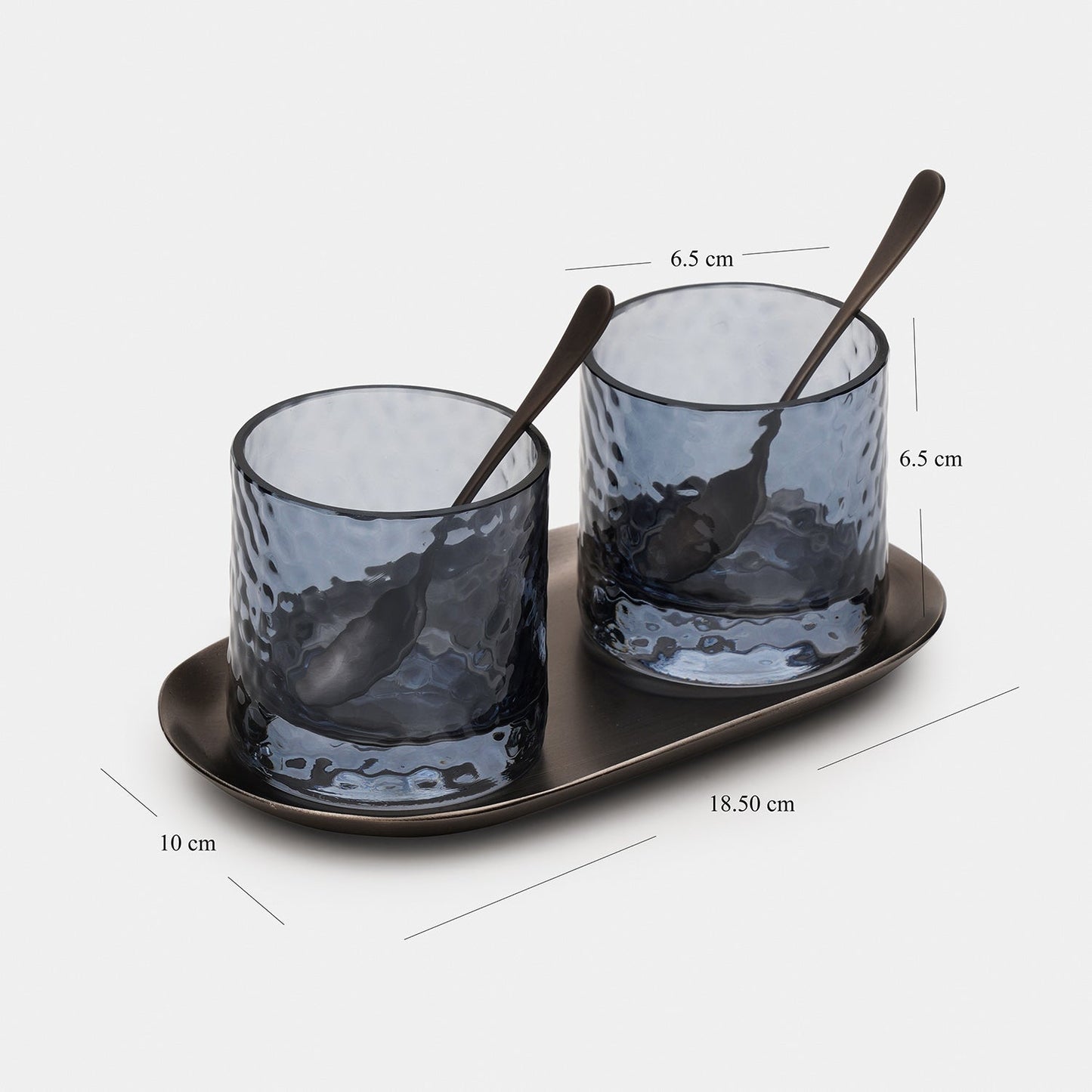 Set of 2 Navy Hammered Condiment Jars with Tray - Small