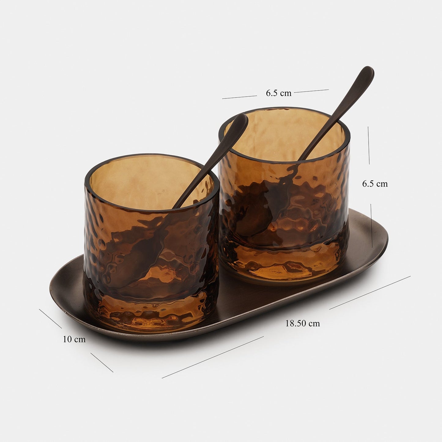 Set of 2 Amber Hammered Condiment Jars with Tray - Small