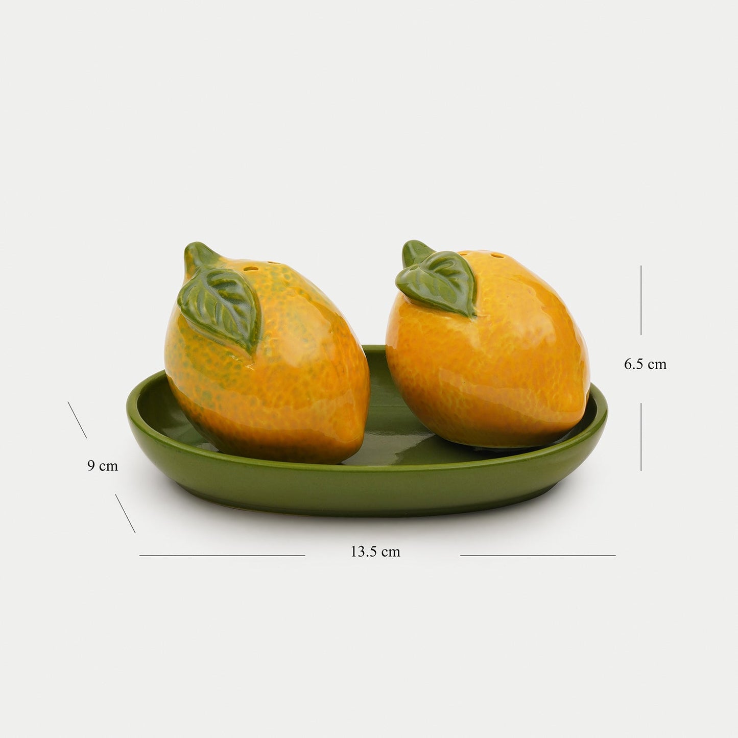 Set of 2 Green Yellow Lemon Ceramic Salt & Pepper Shakers