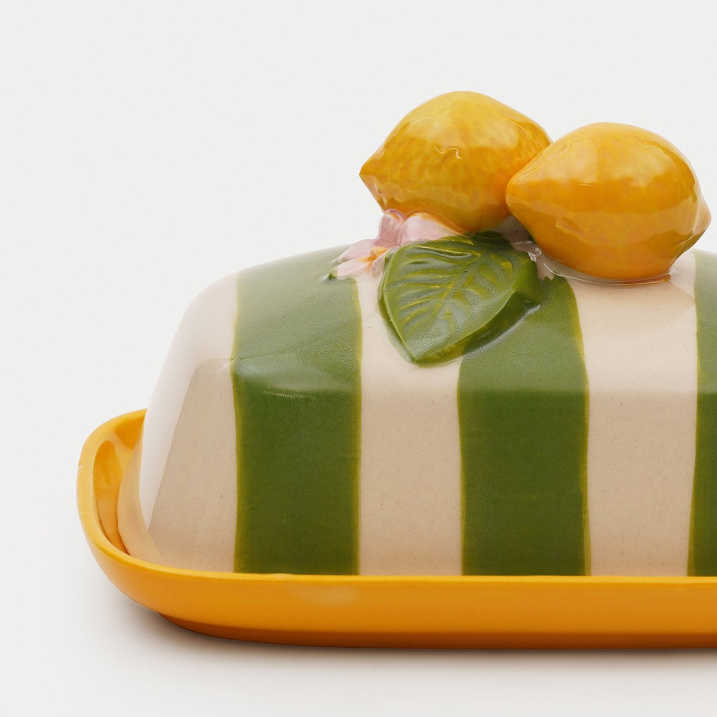 Yellow Striped Ceramic Butter Dish with Lemon Lid