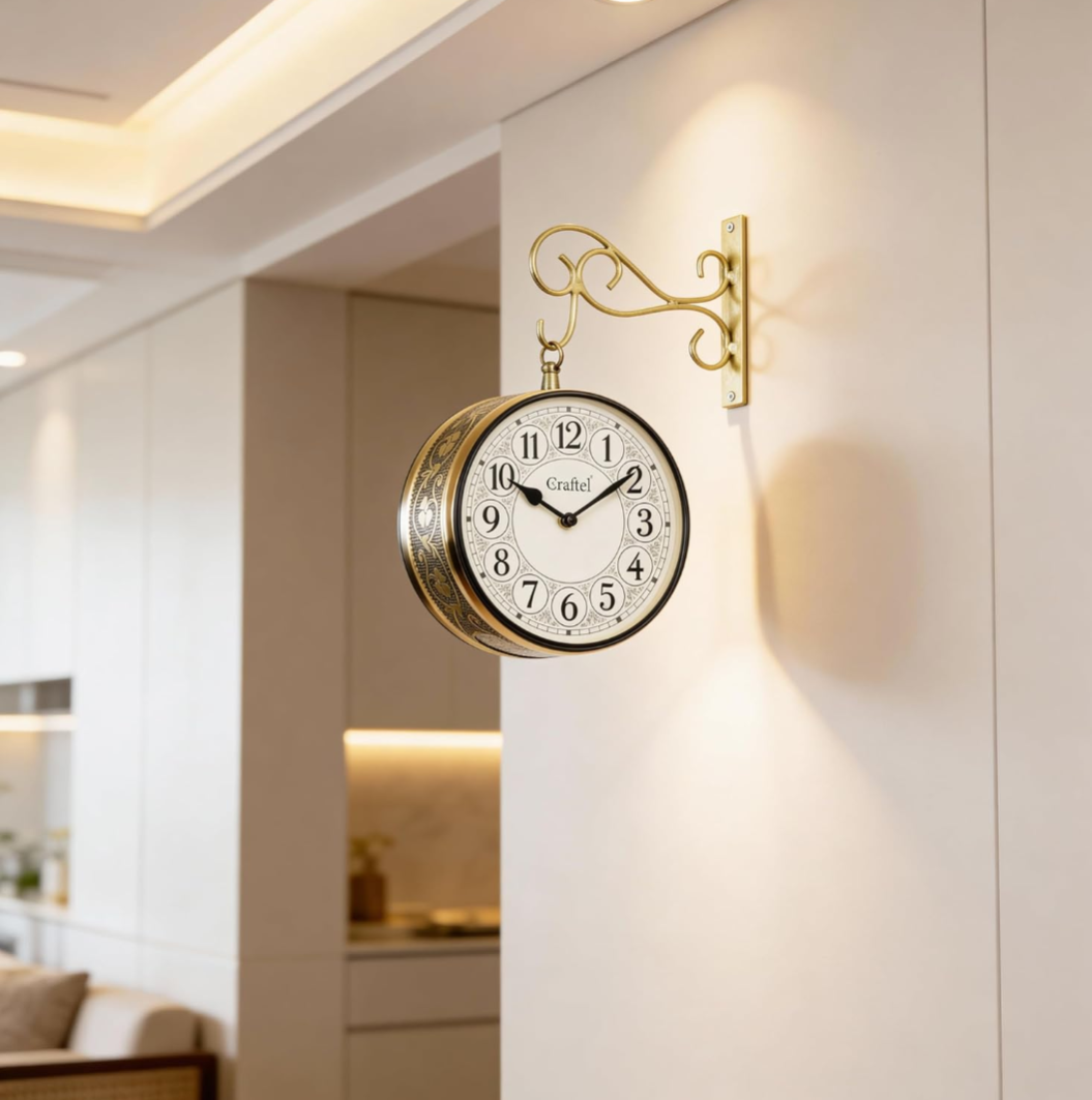 Metal Analog Double Sided Vintage English Roman Station Wall Clock with Brass in dial (Shiny Gold_8 Inches)