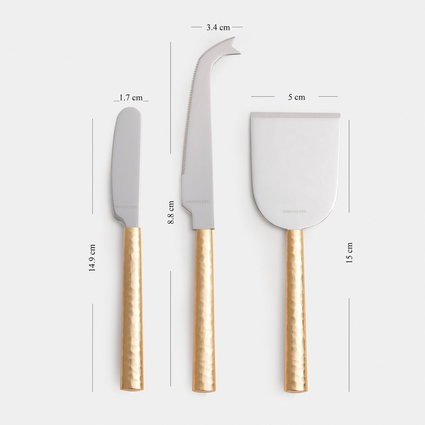Set of 3 Gold Hammered Cheese Knives