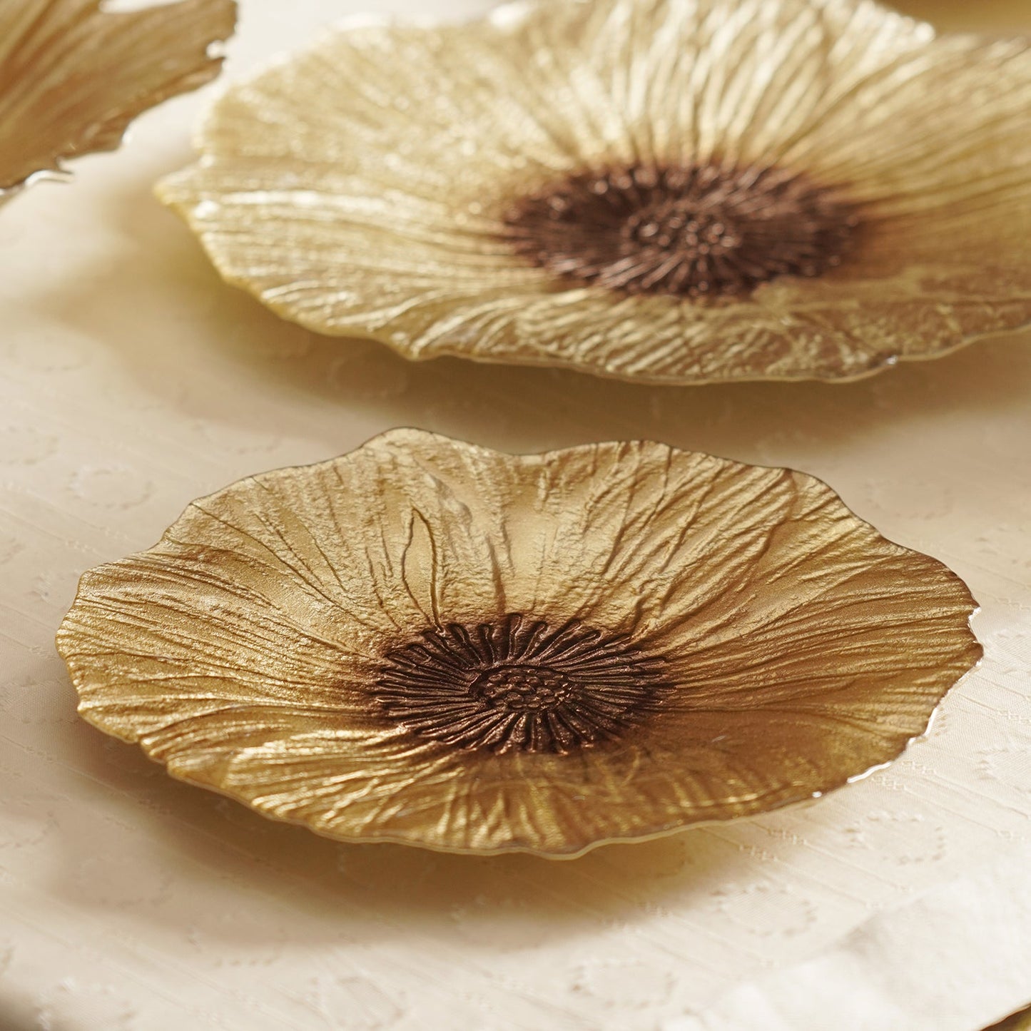 Set of 2 Gold Brown Flower Shaped Dessert Plates