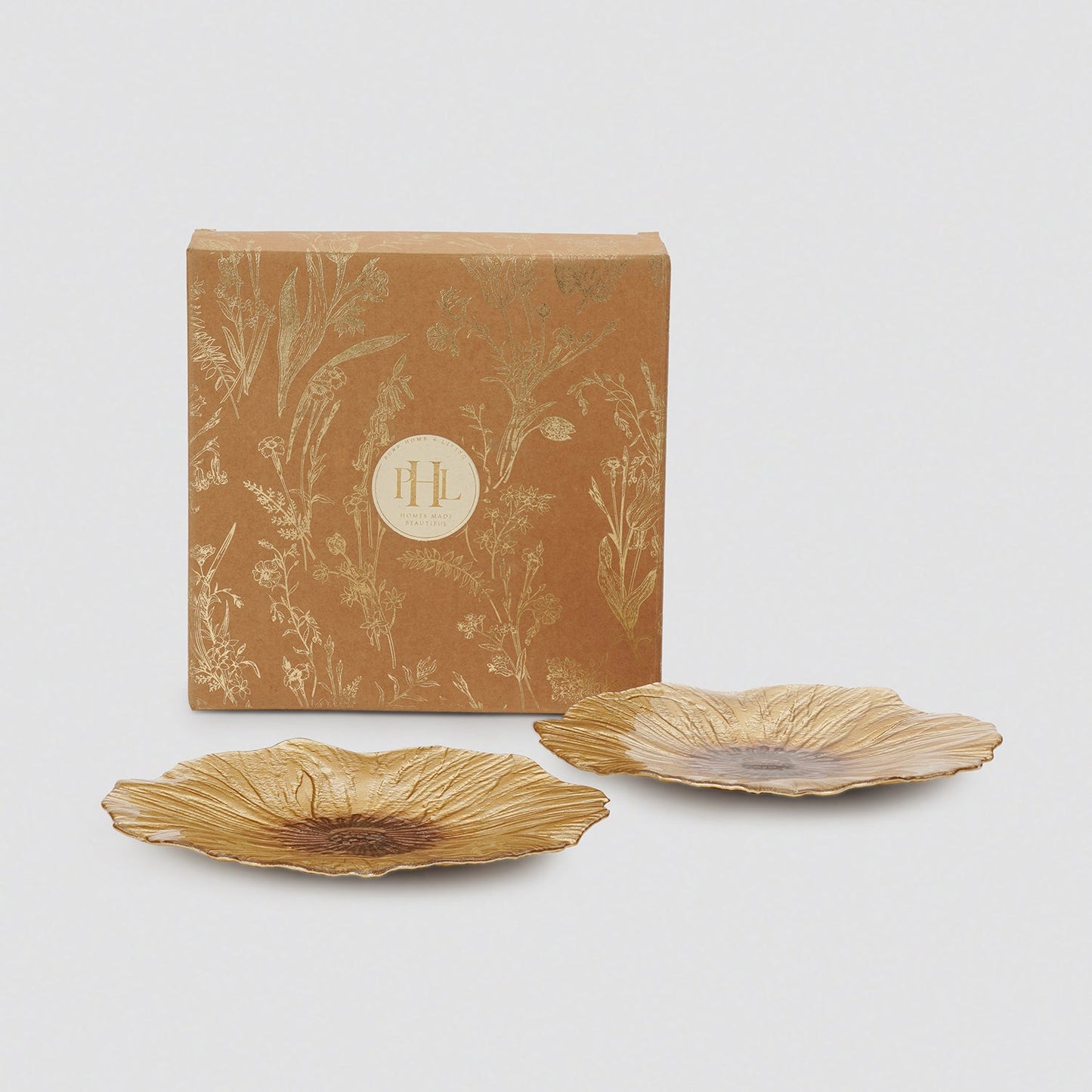Set of 2 Gold Brown Flower Shaped Dessert Plates