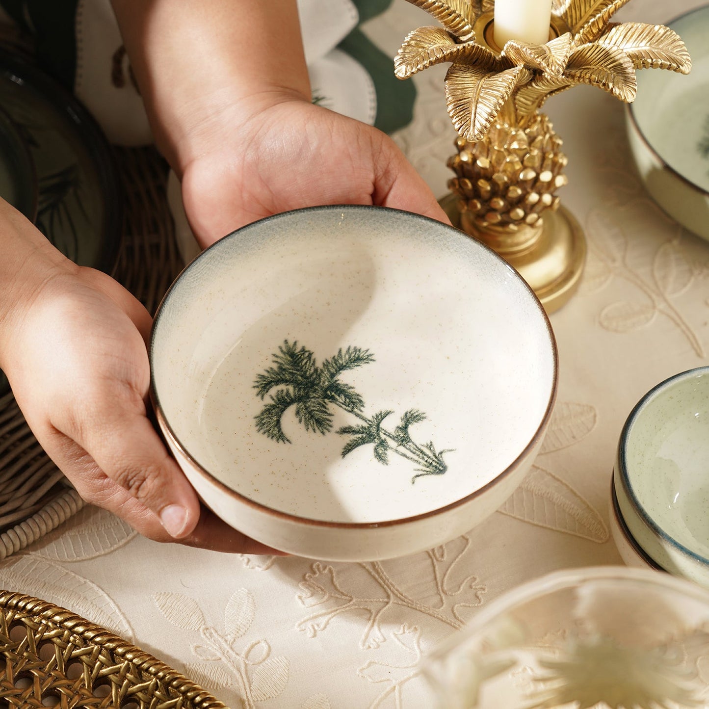 Ivory Ceramic Printed Serving Bowl
