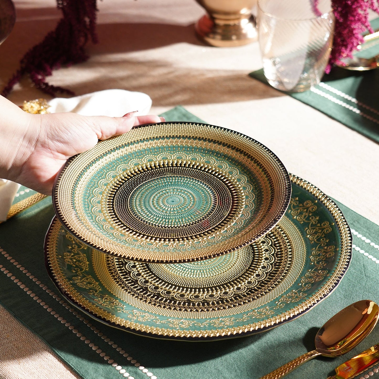 Set of 2 Green Embellished Dessert Plates