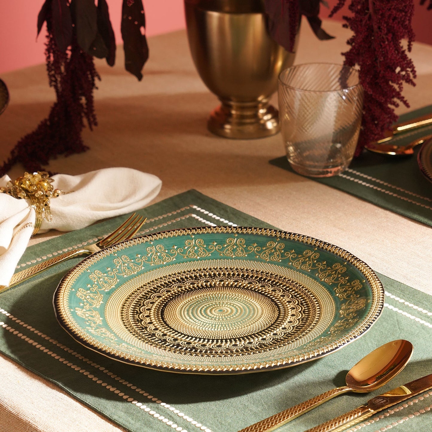 Set of 2 Green Embellished Dinner Plates
