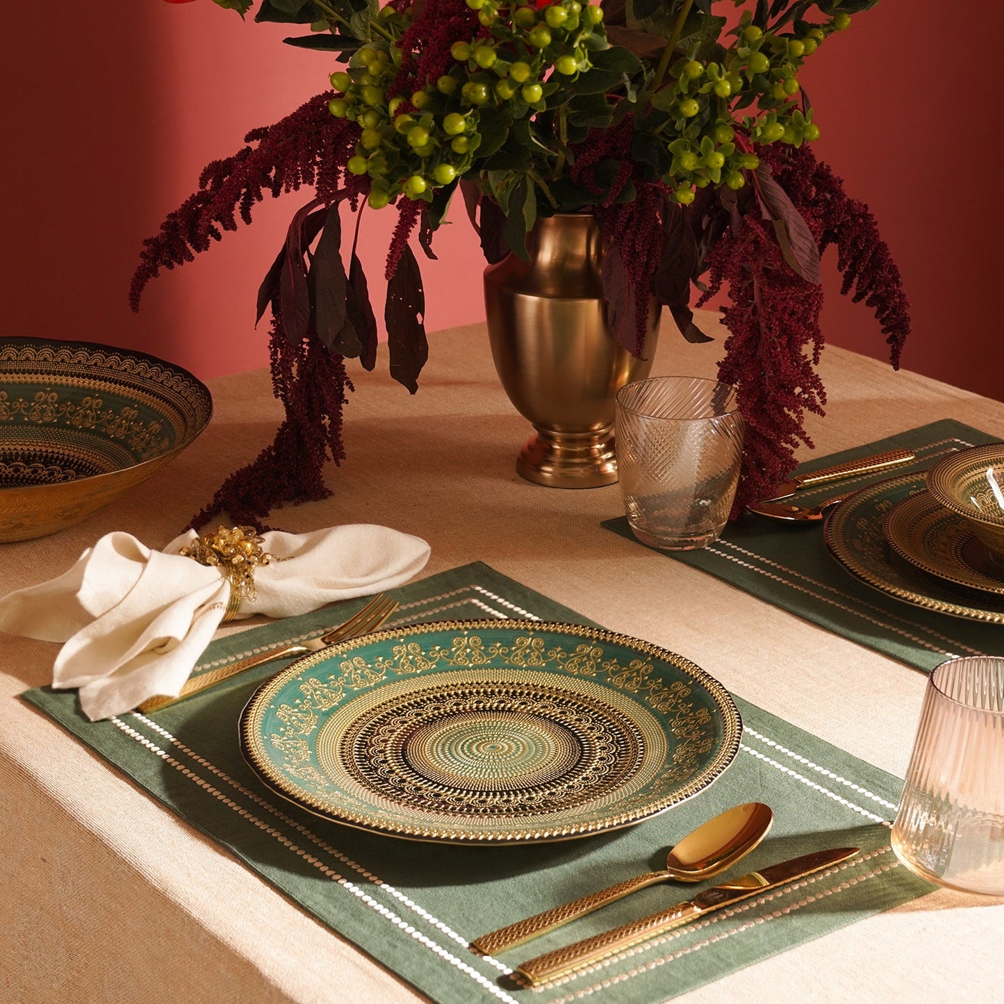 Set of 2 Green Embellished Dinner Plates
