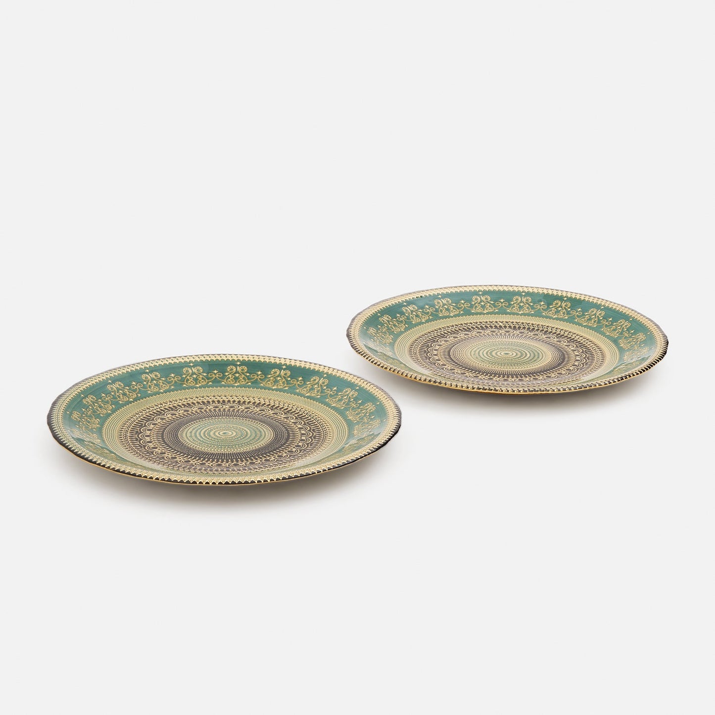 Set of 2 Green Embellished Dinner Plates