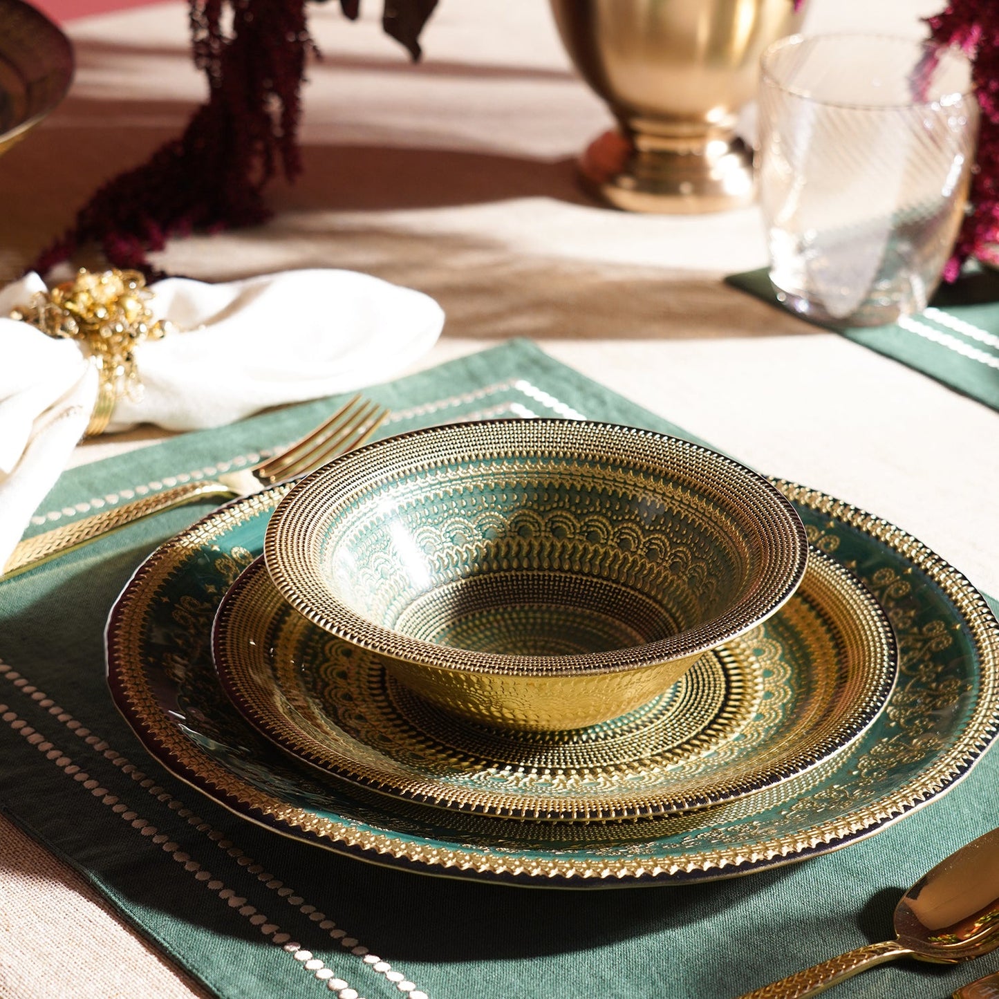Set of 2 Green Embellished Serving Bowls