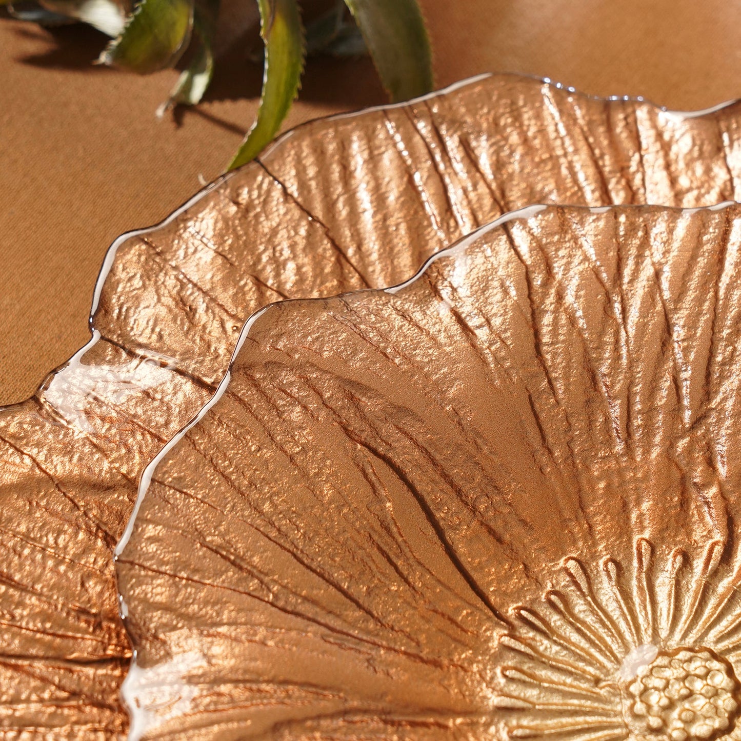 Set of 2 Copper Gold Flower Shaped Dessert Plates