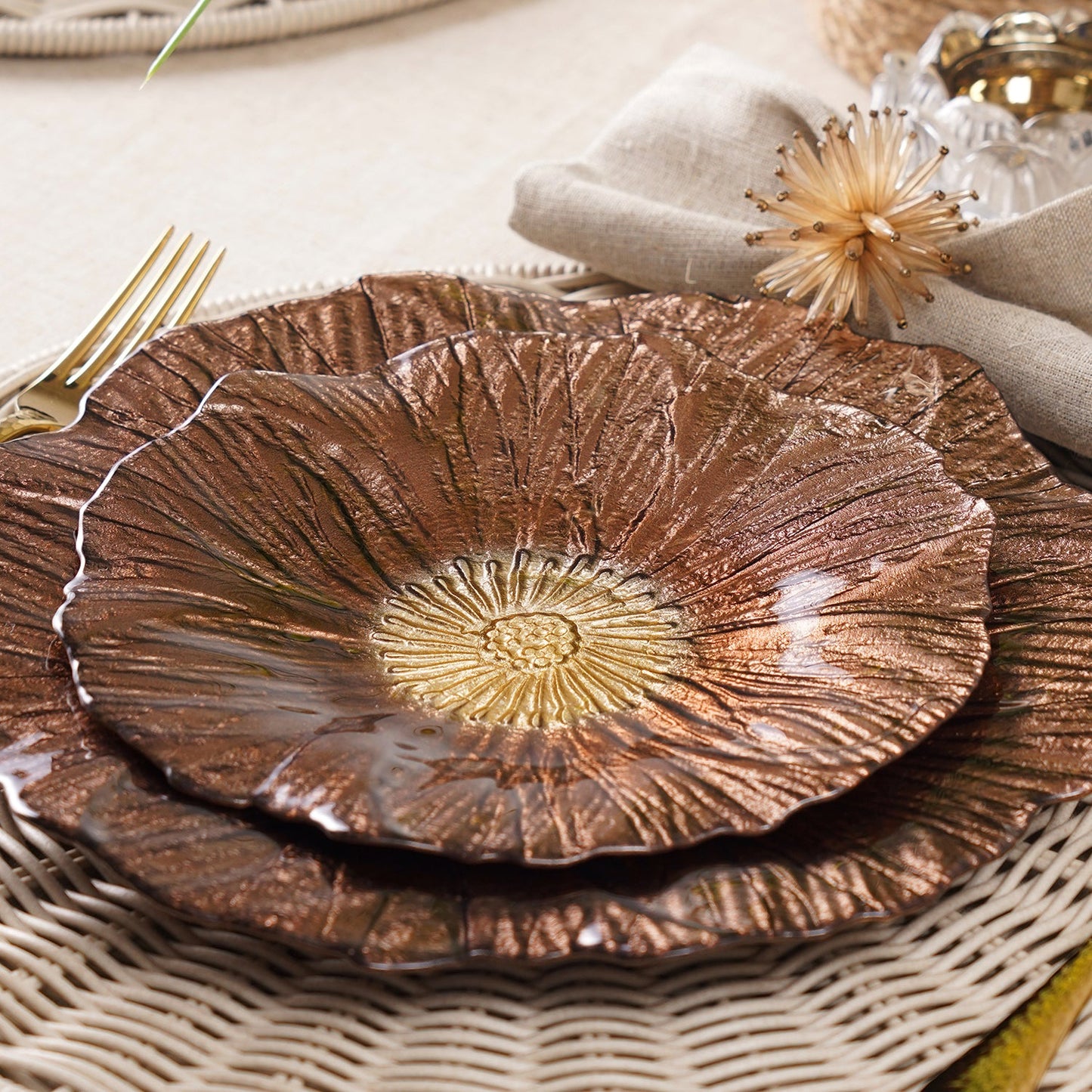 Set of 2 Bronze Gold Flower Shaped Dessert Plates