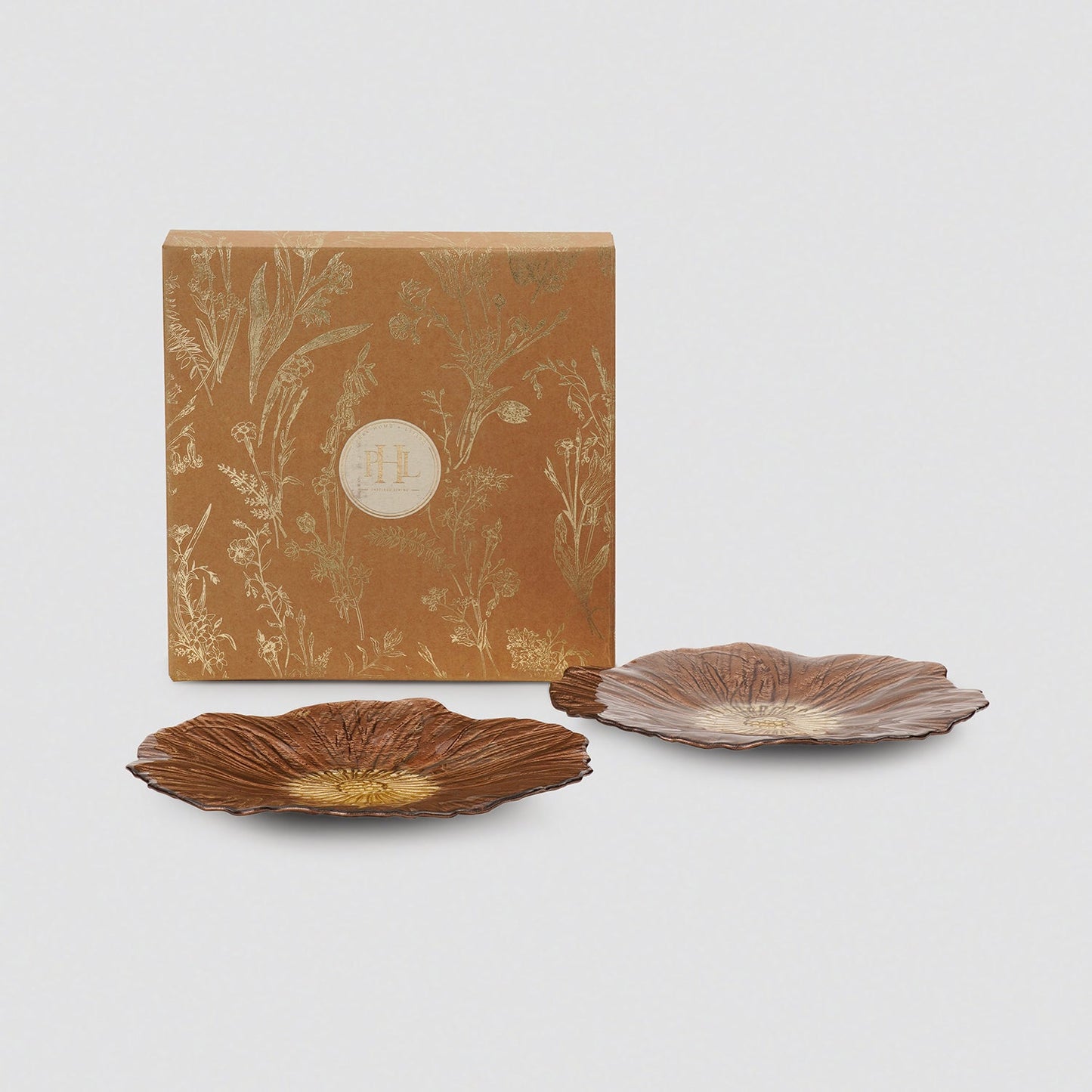 Set of 2 Bronze Gold Flower Shaped Dessert Plates
