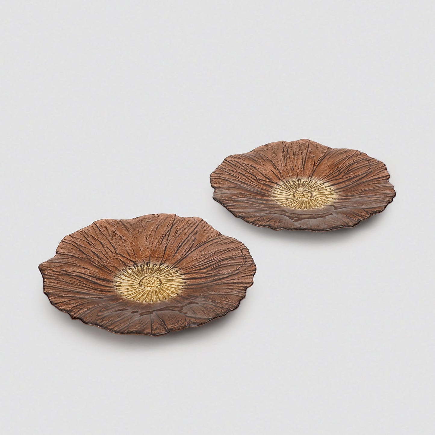 Set of 2 Bronze Gold Flower Shaped Dessert Plates