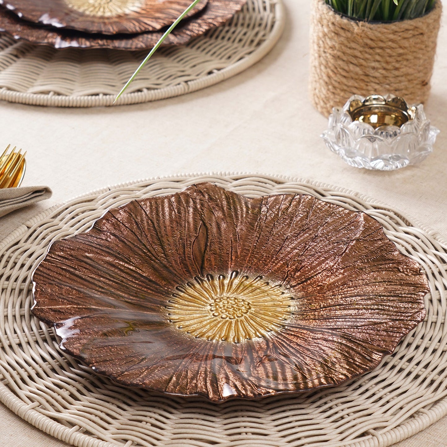 Set of 2 Bronze Gold Flower Shaped Dinner Plates