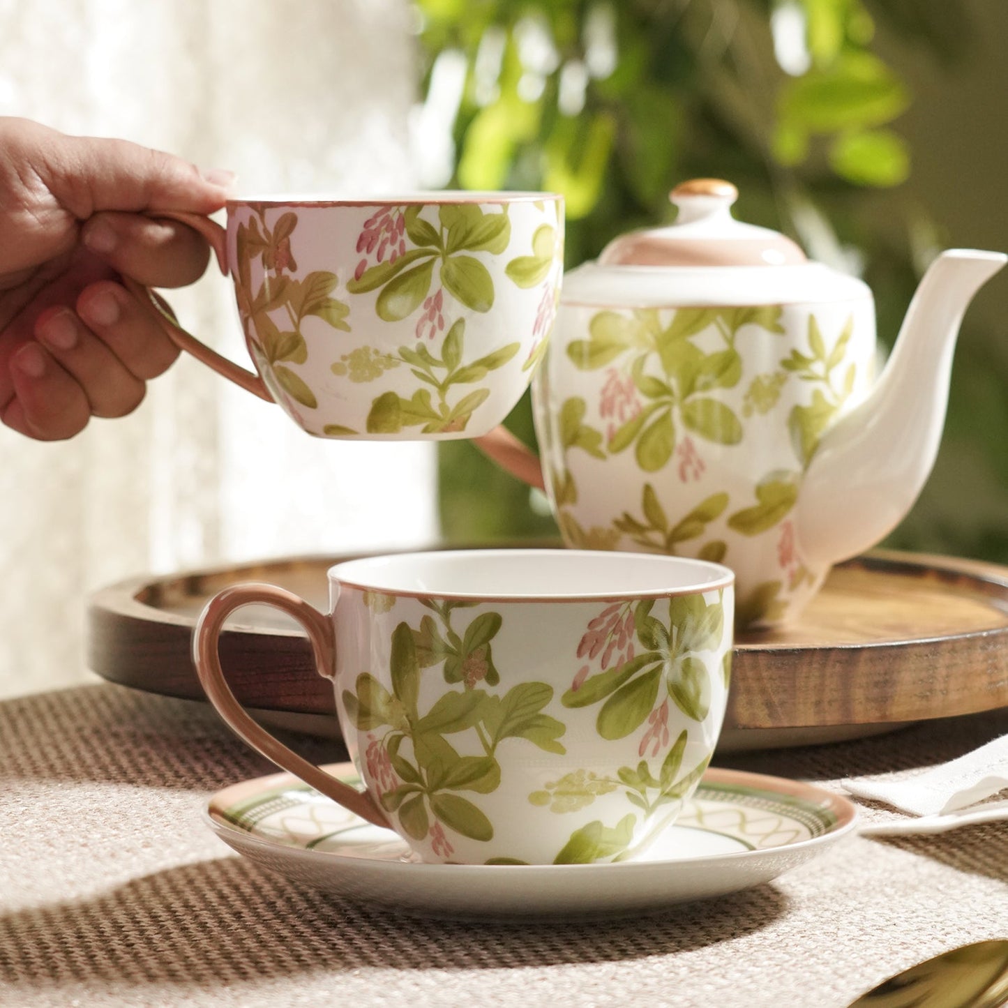 Set of 2 Pink Printed Bone China Tea Cups & Saucers