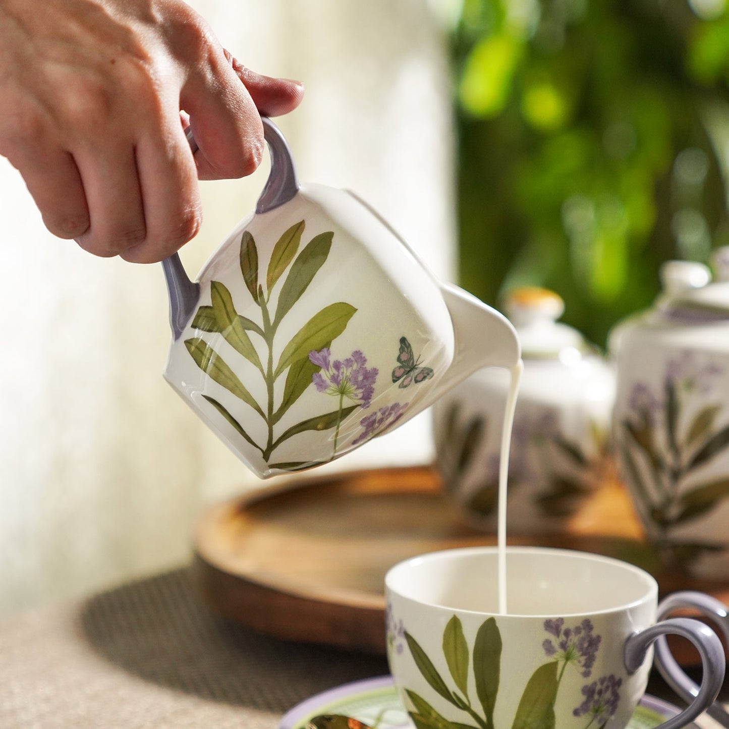 Set of 3 Purple Printed Bone China Tea Set
