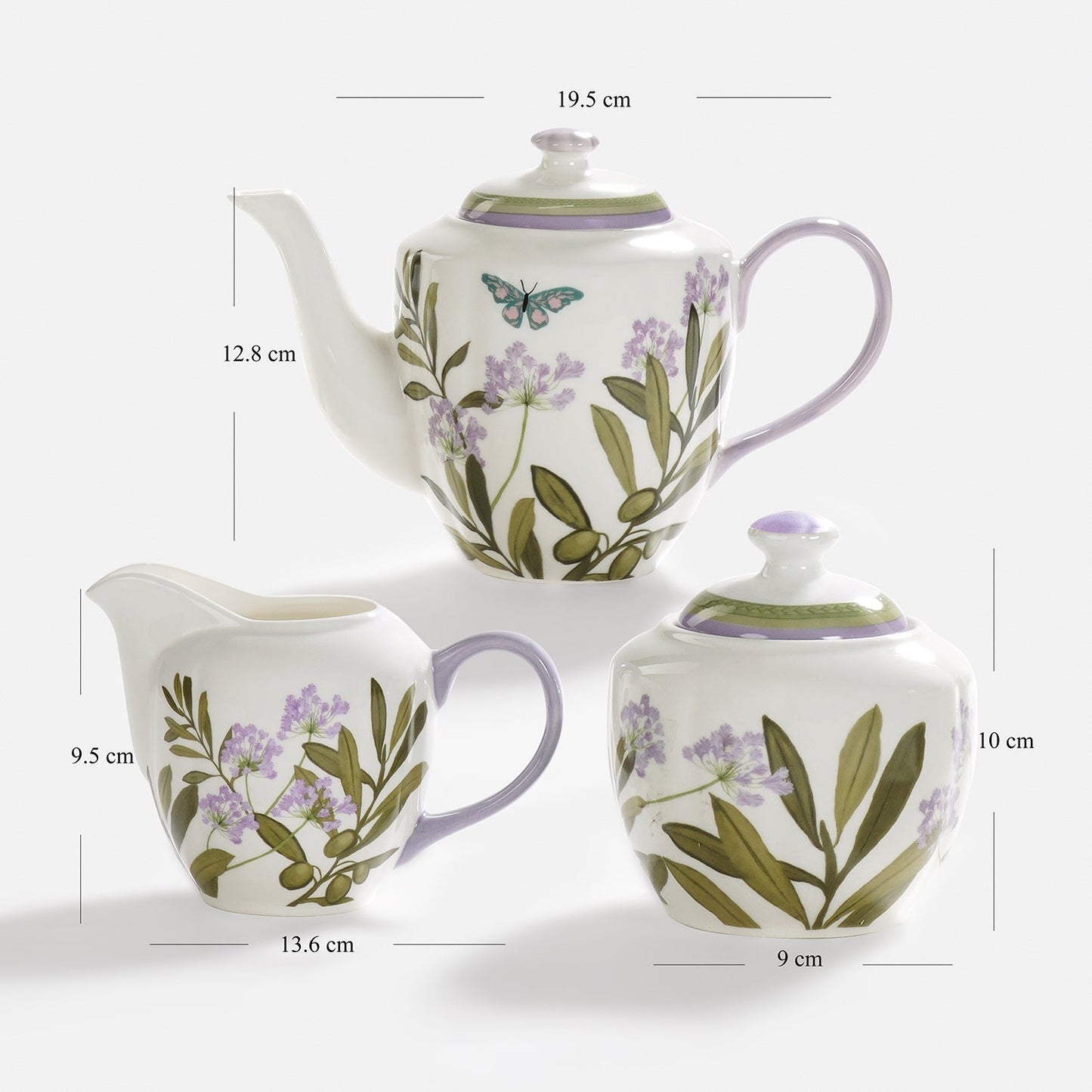 Set of 3 Purple Printed Bone China Tea Set