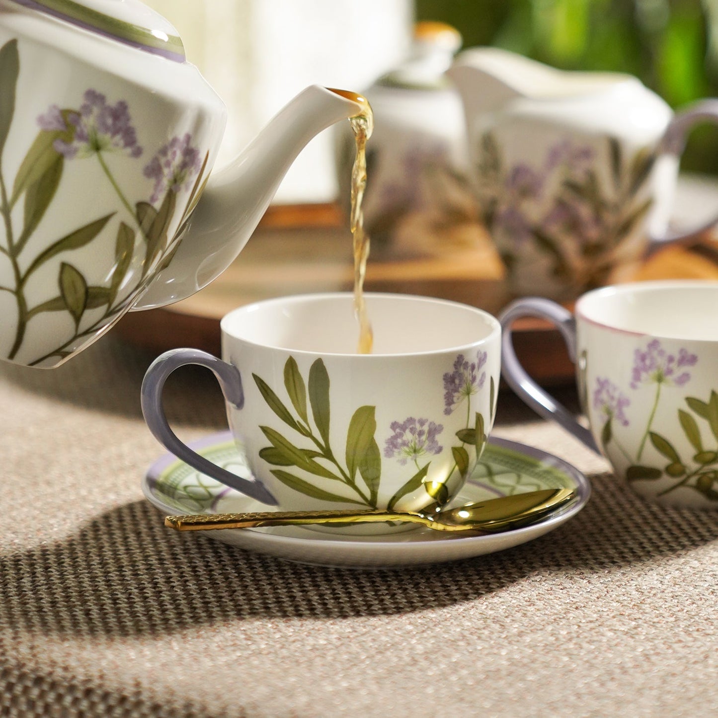 Set of 2 Purple Prined Bone China Tea Cups & Saucers