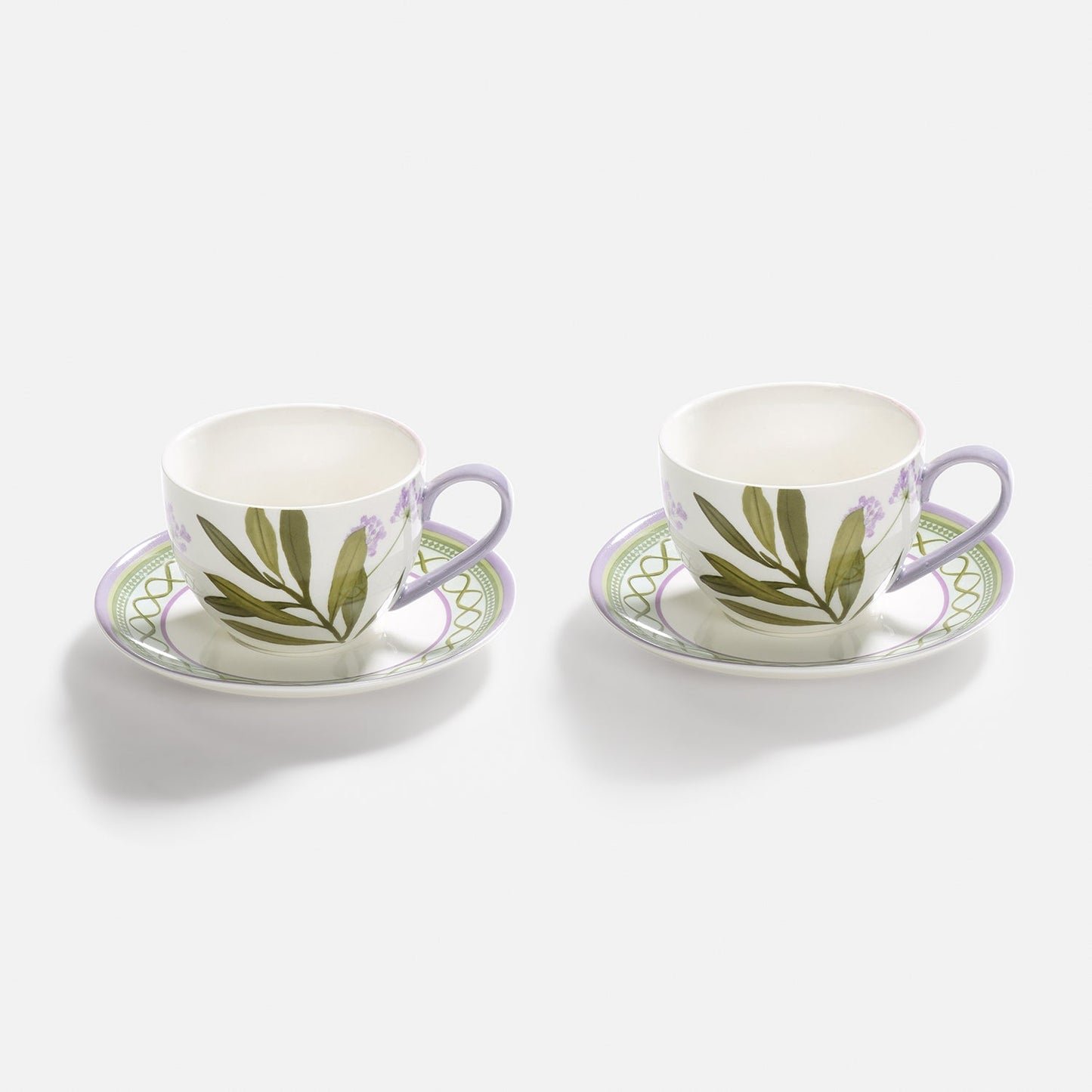 Set of 2 Purple Prined Bone China Tea Cups & Saucers