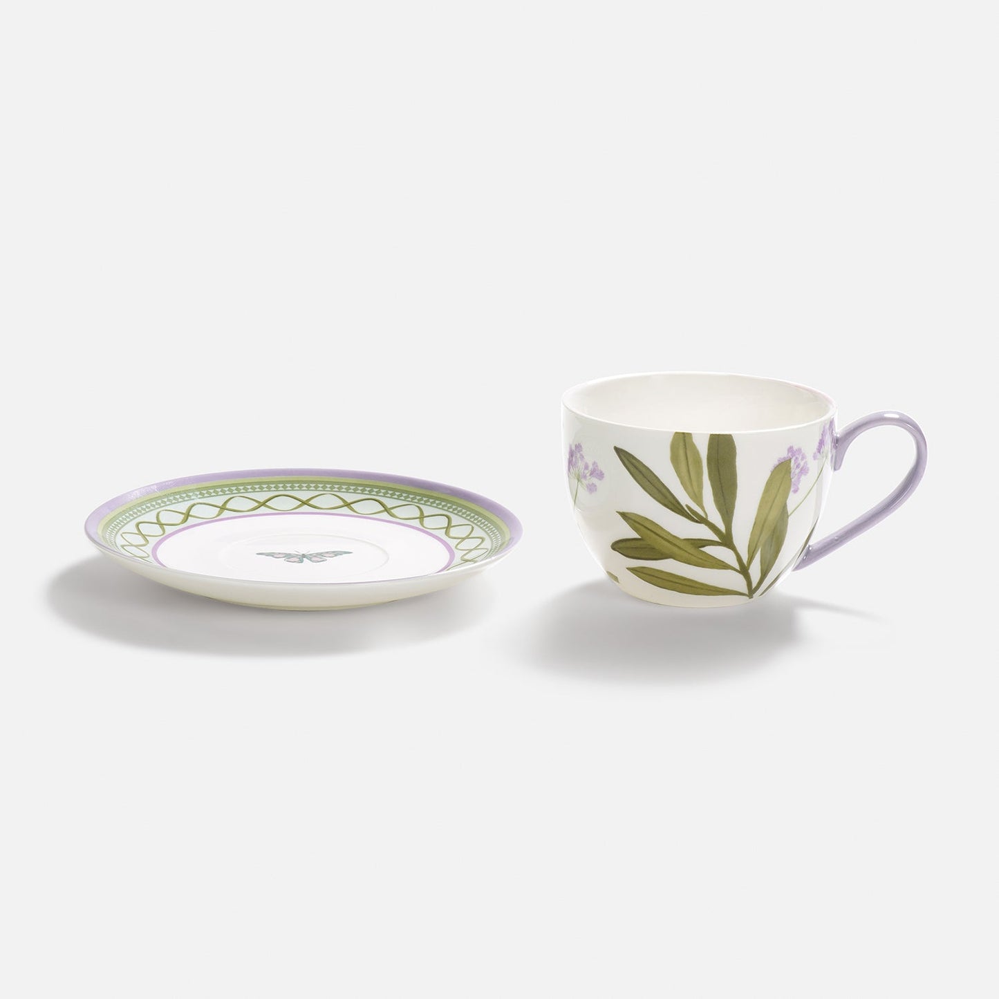 Set of 2 Purple Prined Bone China Tea Cups & Saucers
