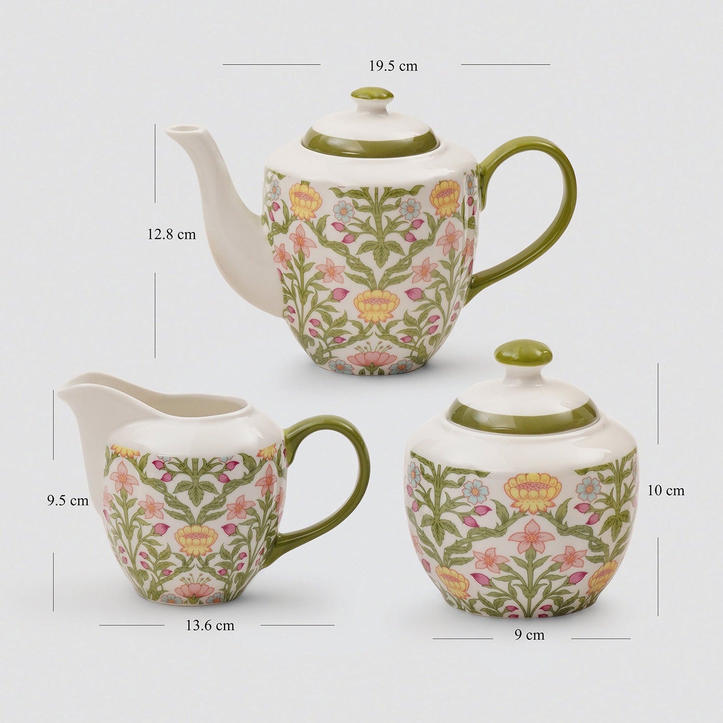 Set of 3 Green Floral Printed Bone China Tea Set