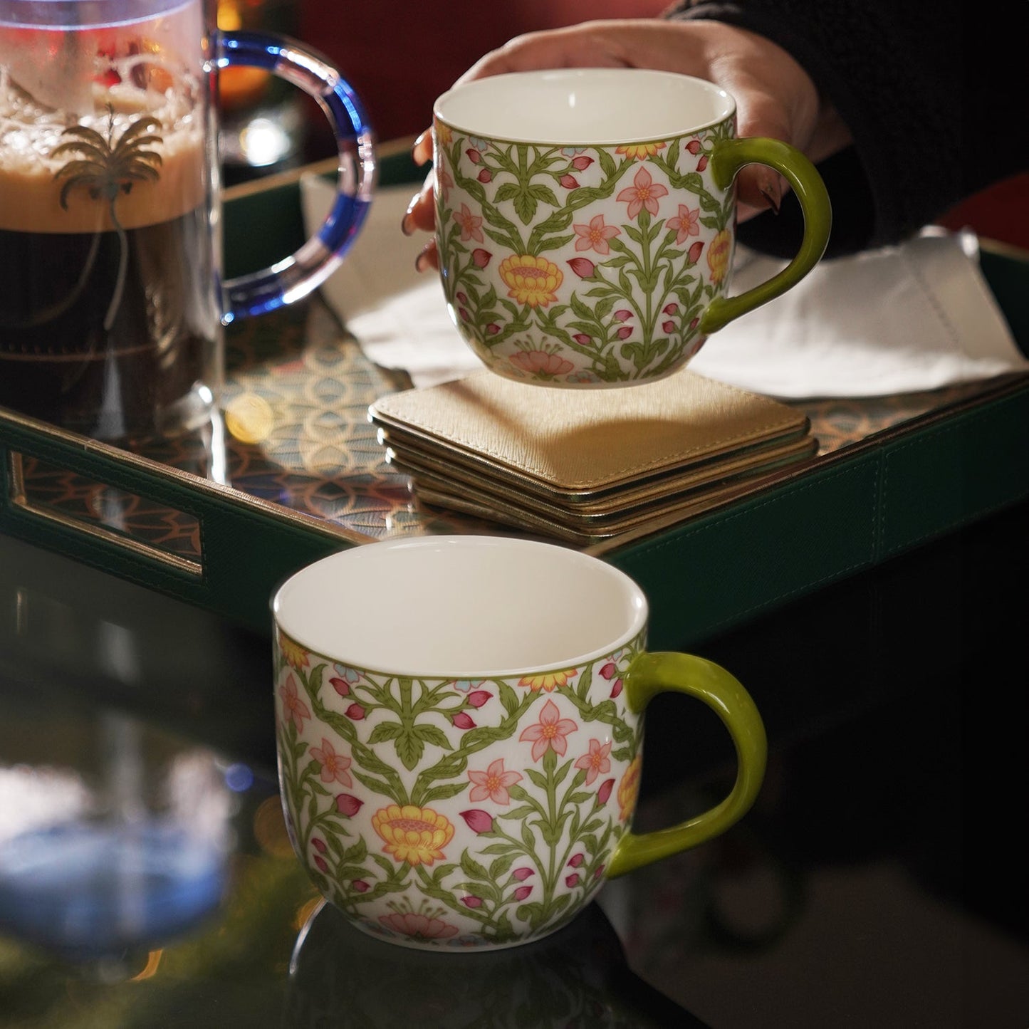 Set of 2 Green Prined Bone China Coffee Mugs