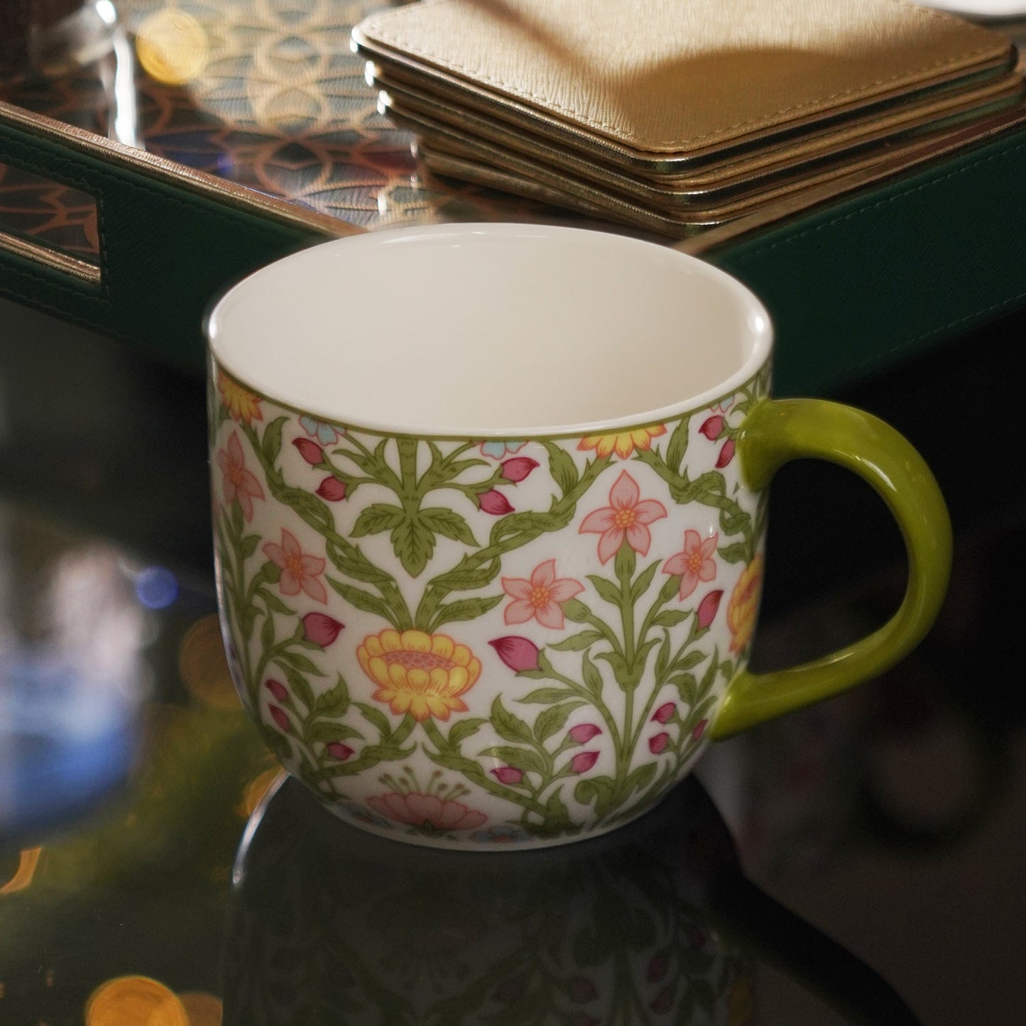 Set of 2 Green Prined Bone China Coffee Mugs