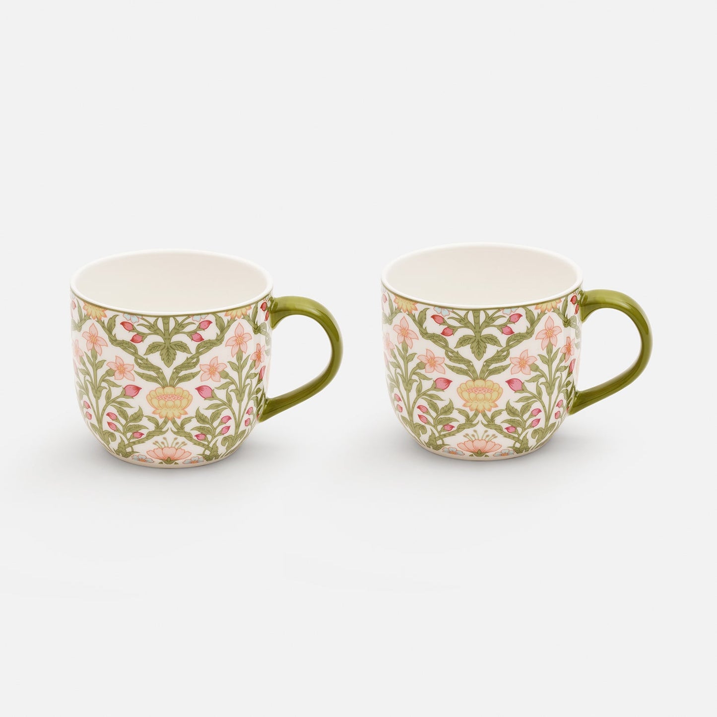 Set of 2 Green Prined Bone China Coffee Mugs