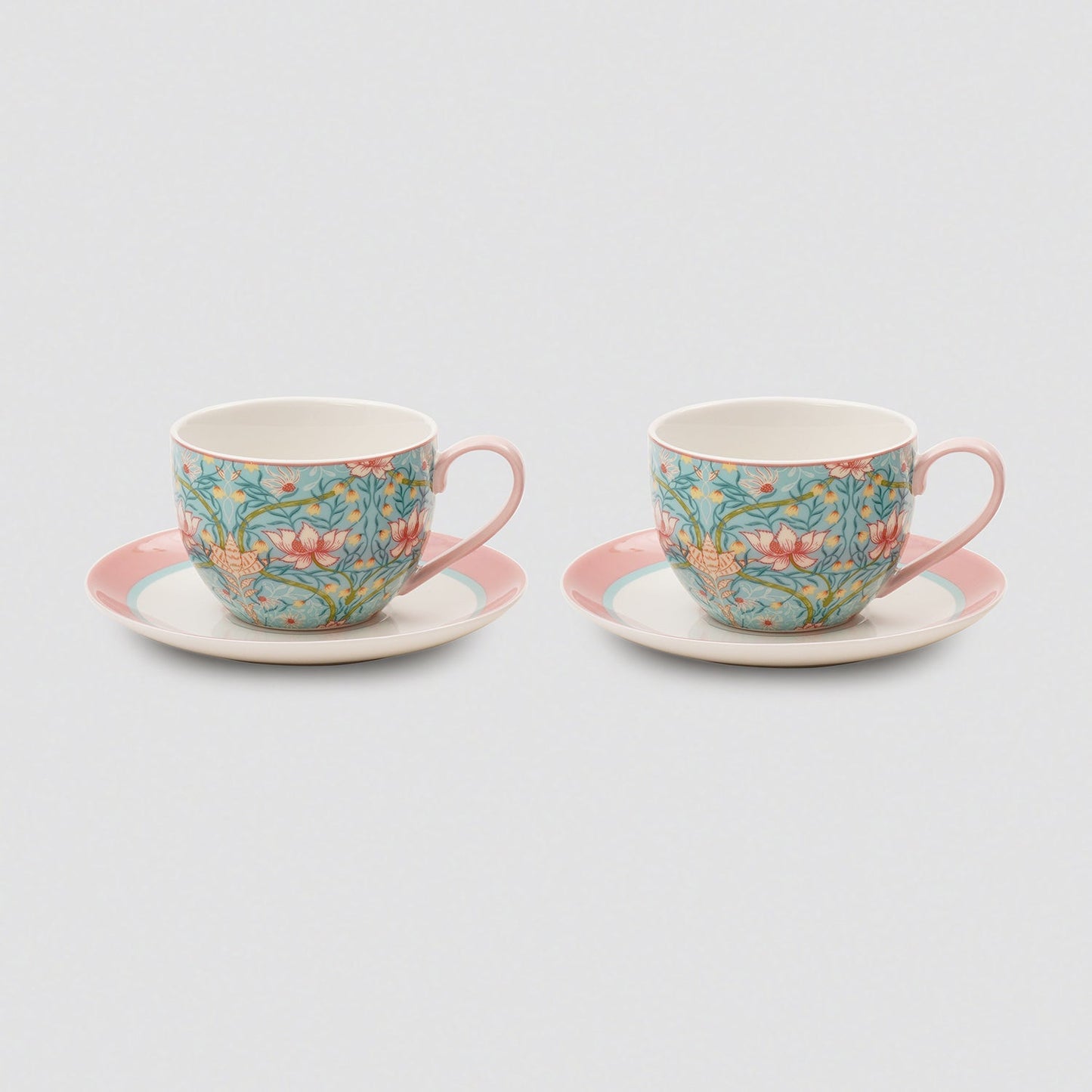 Set of 2 Blue Prined Bone China Tea Cups & Saucers