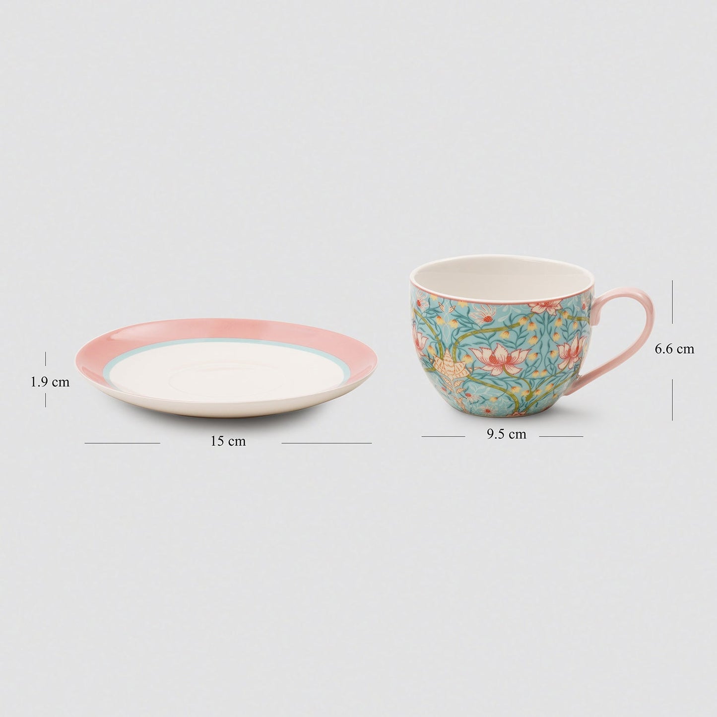Set of 2 Blue Prined Bone China Tea Cups & Saucers