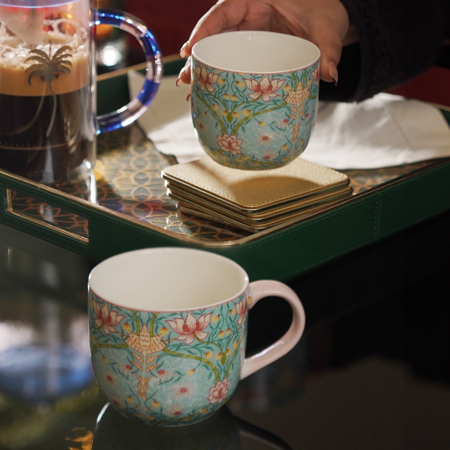 Set of 2 Blue Prined Bone China Coffee Mugs