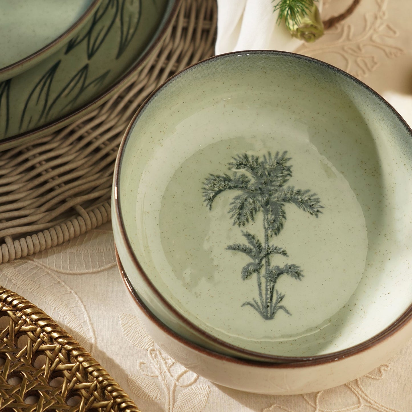 Green Ceramic Printed Serving Bowl