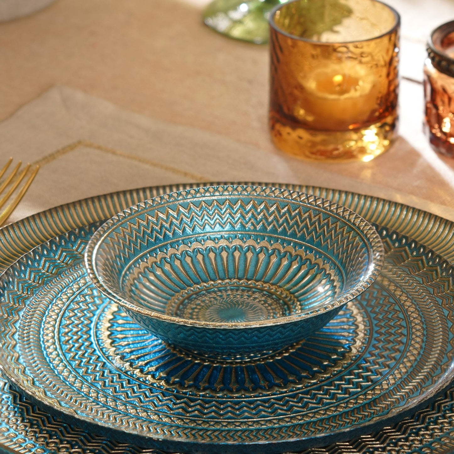 Set of 2 Blue Embellished Small Glass Bowls