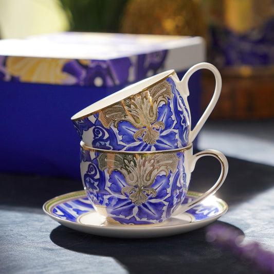 Set of 2 Blue Amalfi Print Tea Cups & Saucers