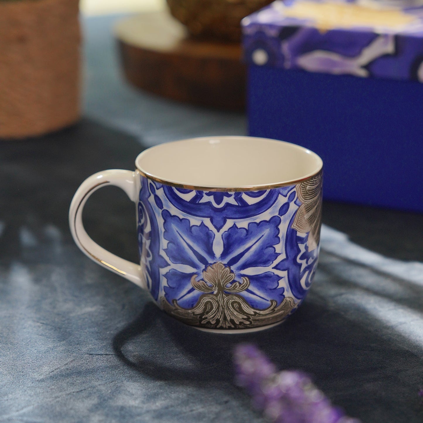 Set of 2 Blue Amalfi Print Coffee Mugs