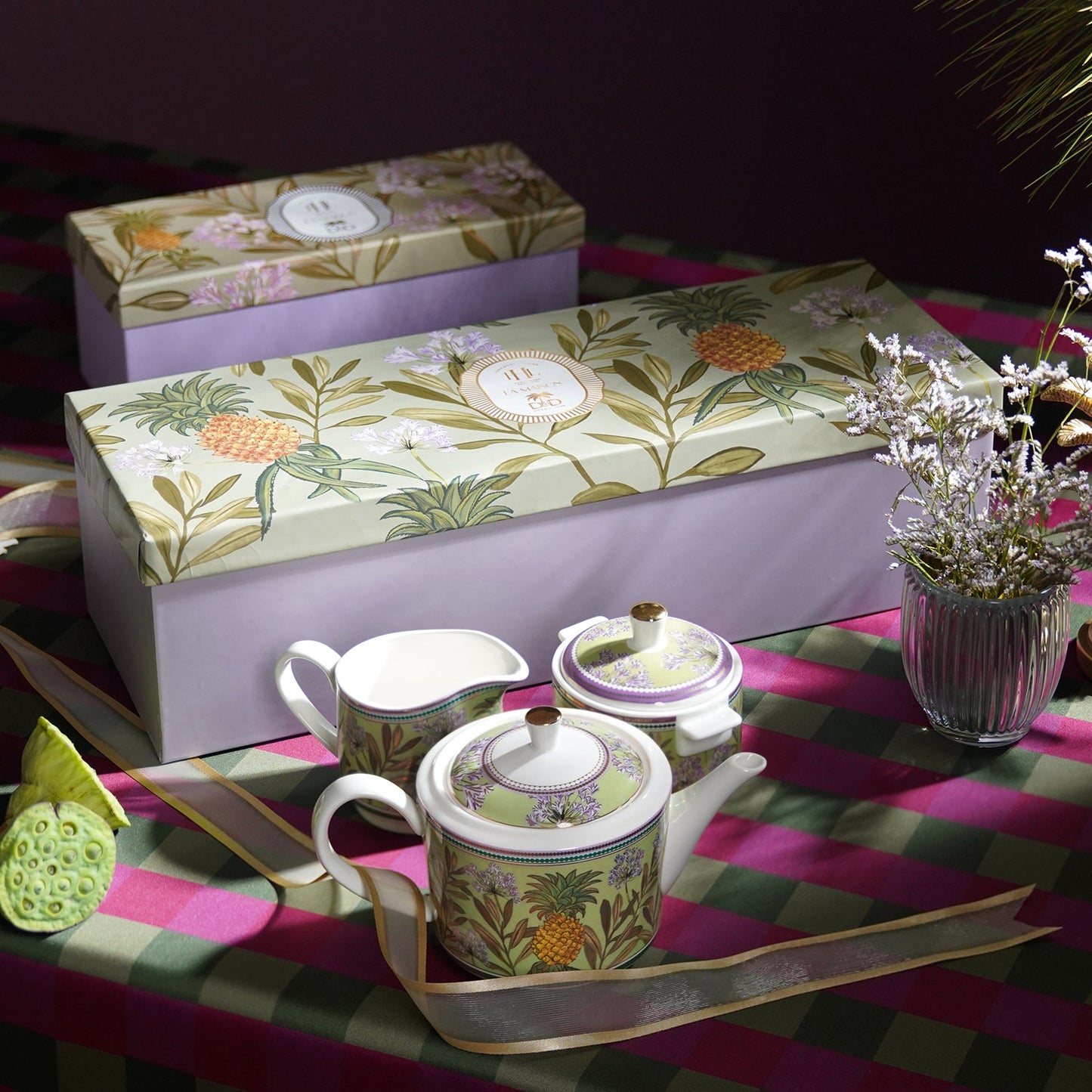 Set of 3 Green Pineapple Print Tea Set