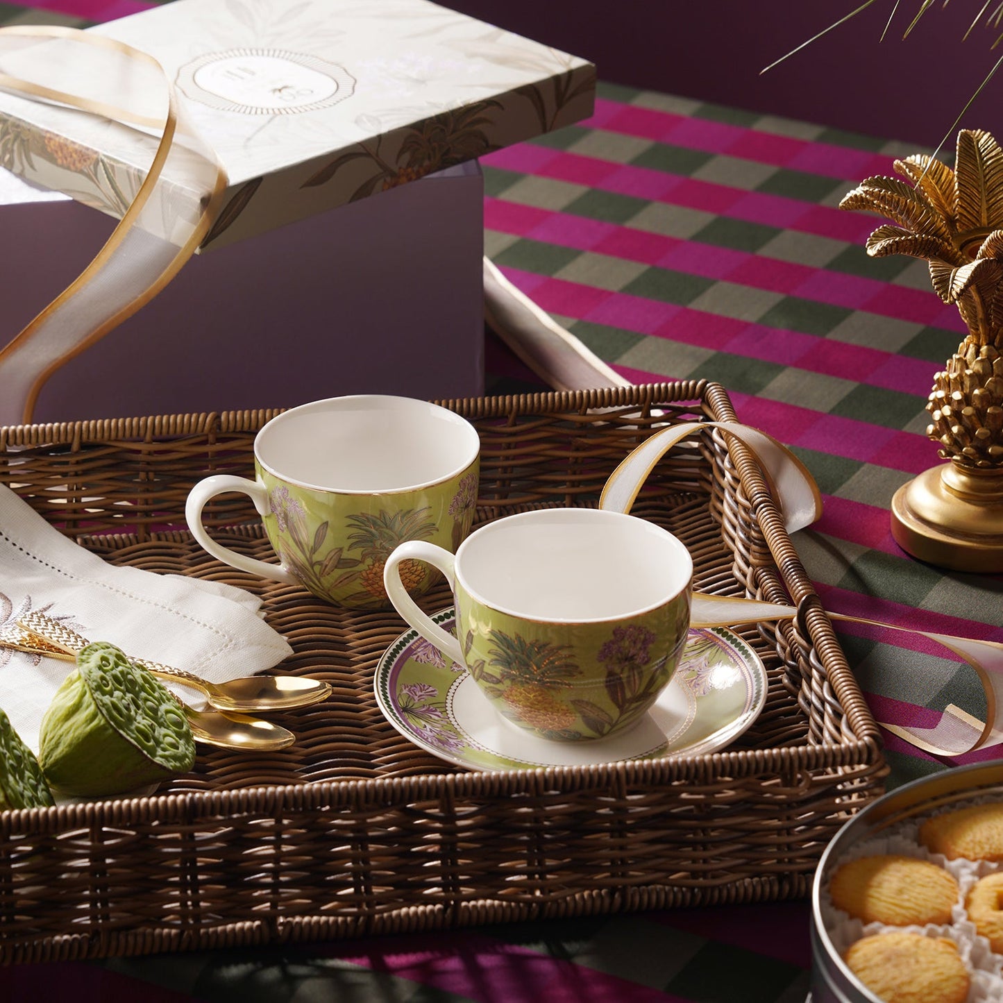 Set of 2 Green Pineapple Print Tea Cups & Saucers