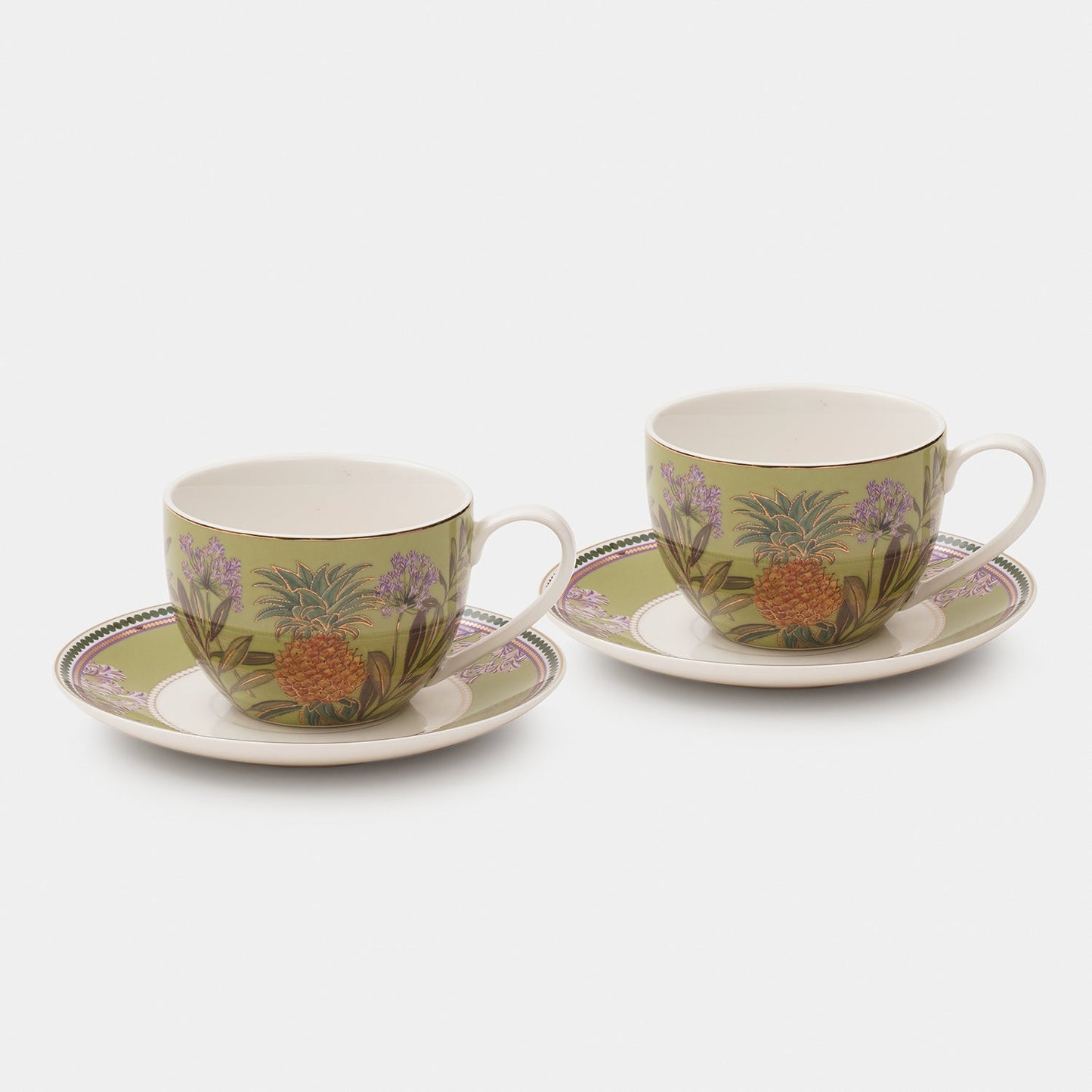 Set of 2 Green Pineapple Print Tea Cups & Saucers