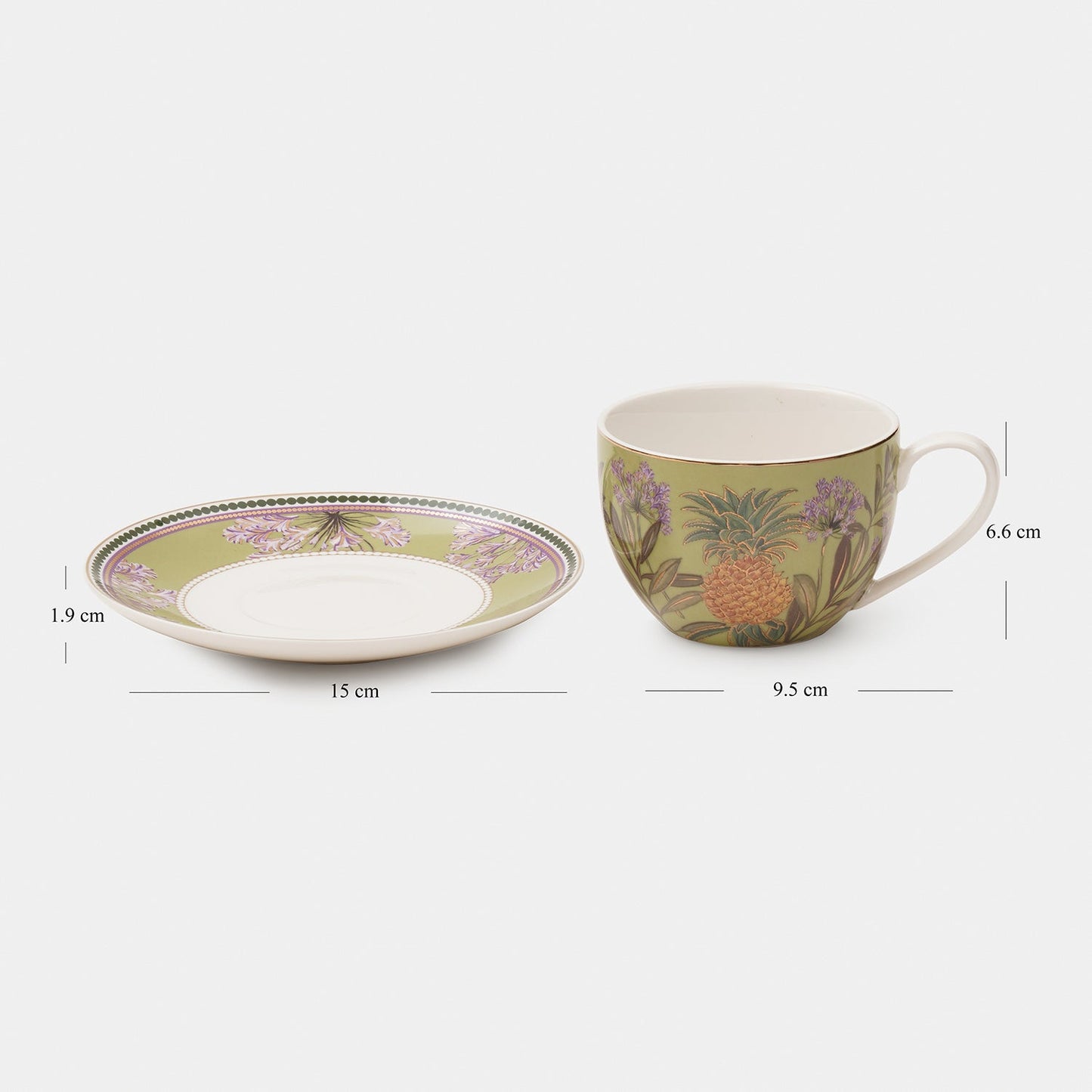 Set of 2 Green Pineapple Print Tea Cups & Saucers