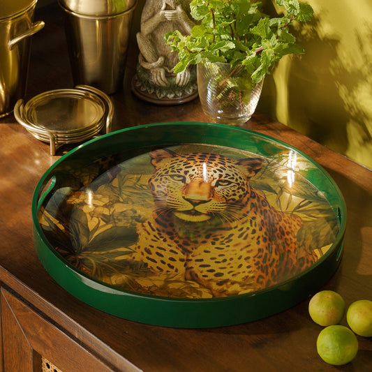 Green Leopard Print Round Tray
