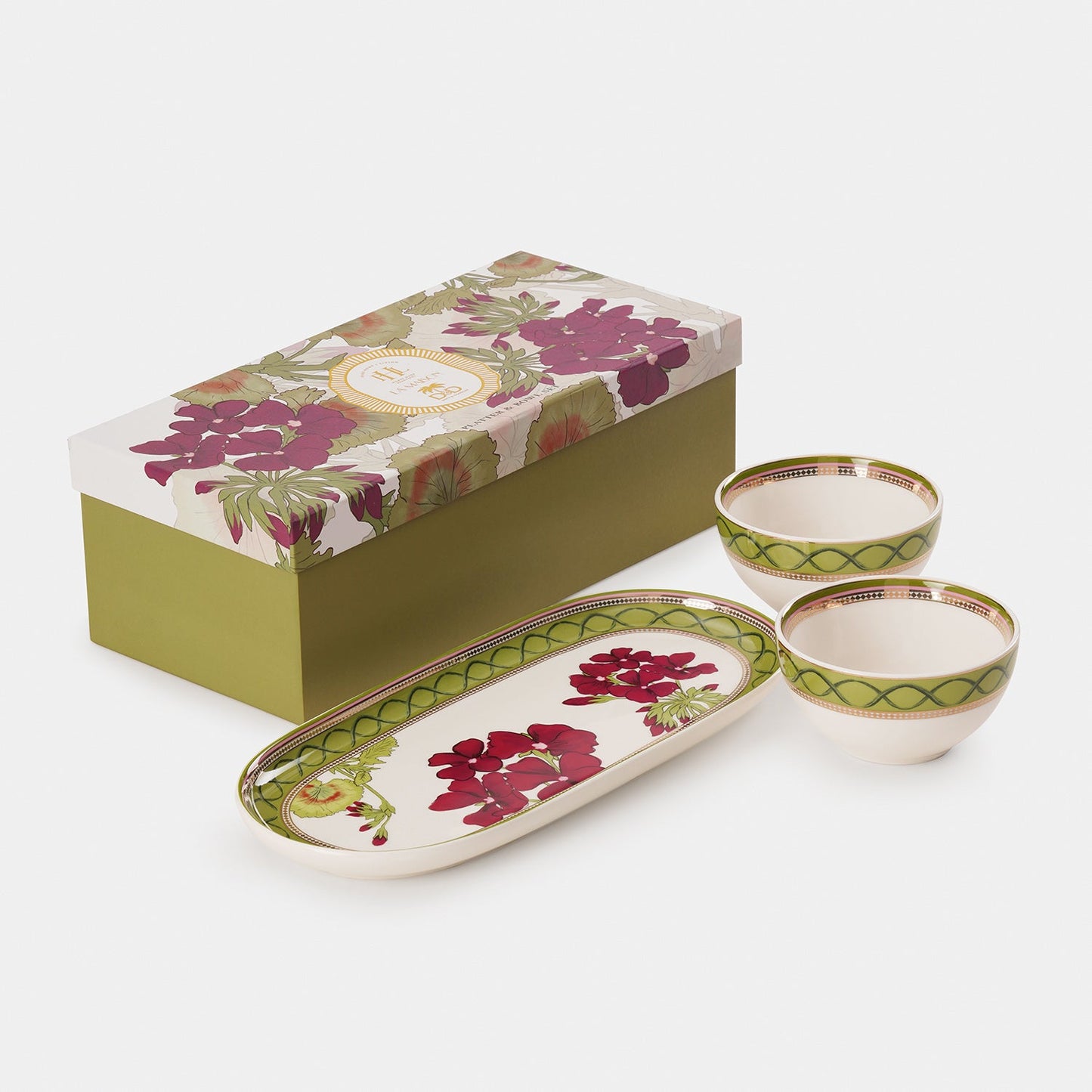 Set of 3 Red & Green Rosabay Print Platter & Bowls
