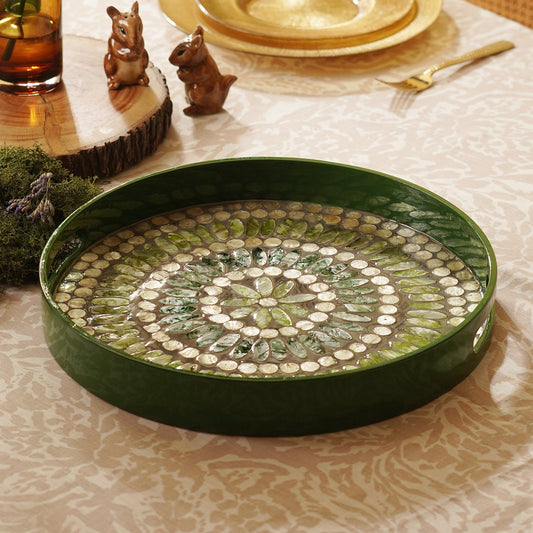 Green Embellished Lacquer Round Serving Tray