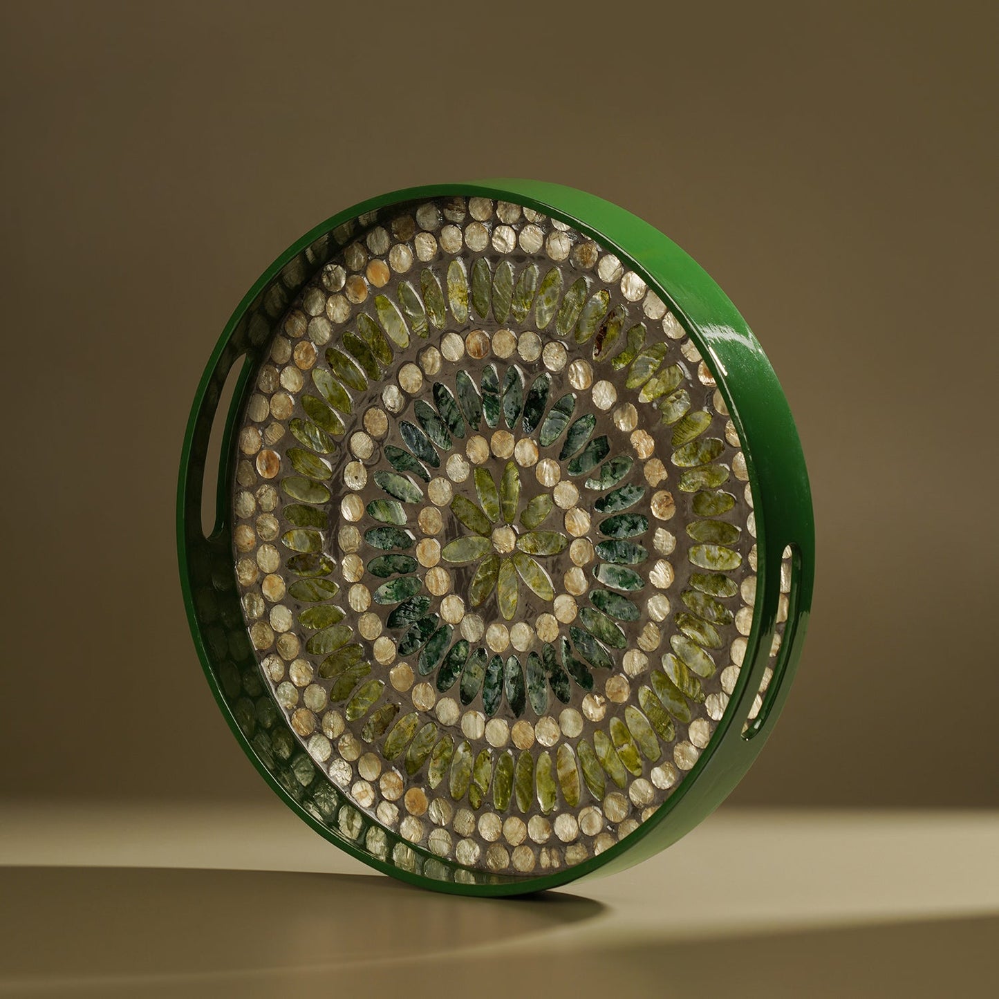 Green Embellished Lacquer Round Serving Tray