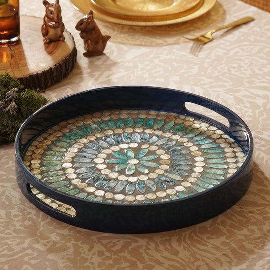 Blue Embellished Lacquer Round Serving Tray