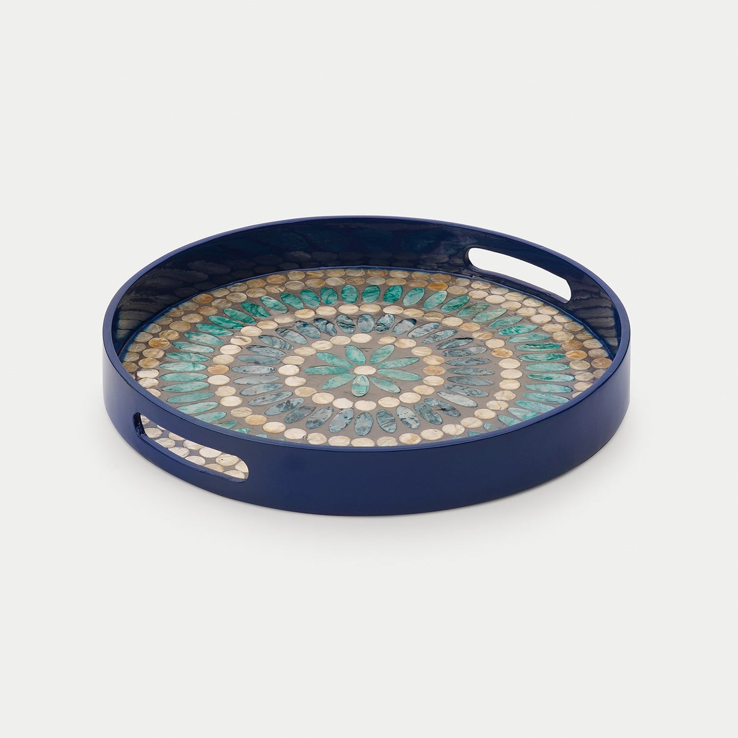 Blue Embellished Lacquer Round Serving Tray