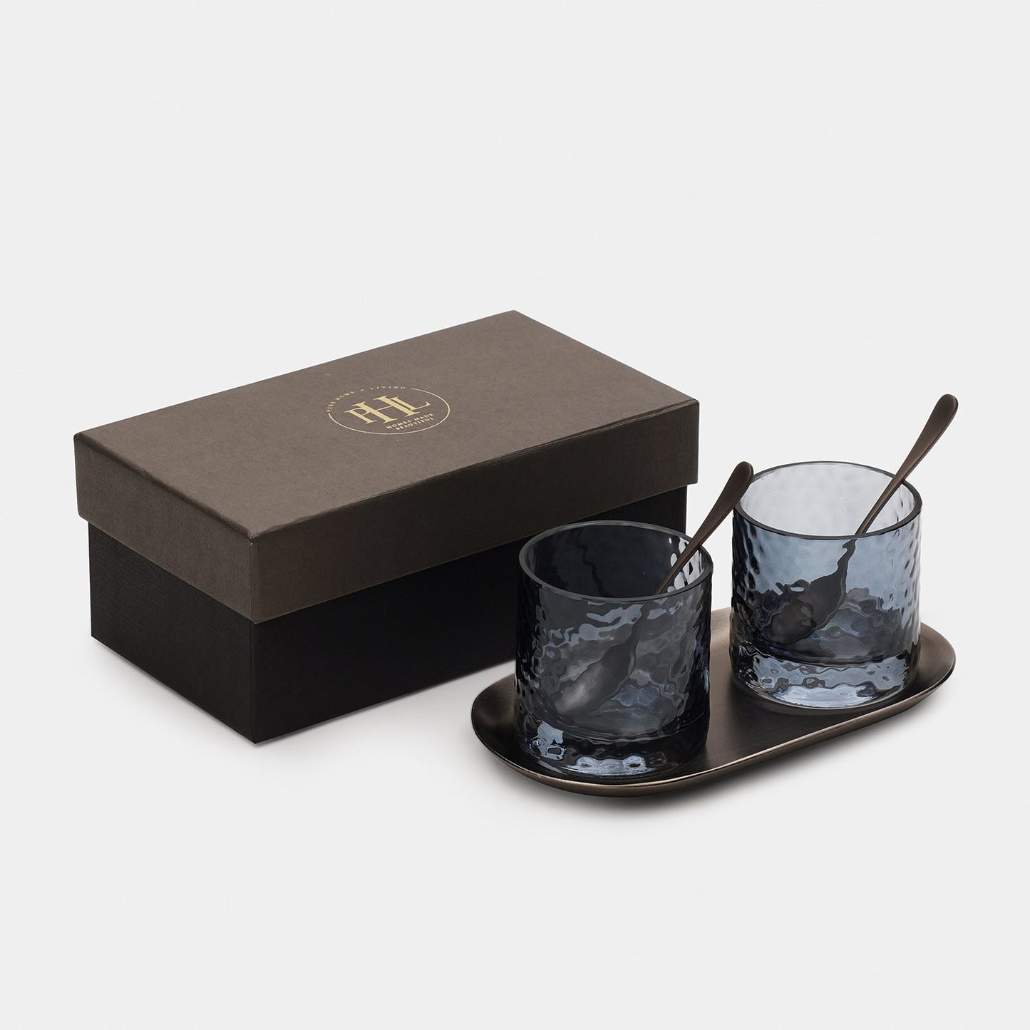 Set of 2 Navy Hammered Condiment Jars with Tray - Small