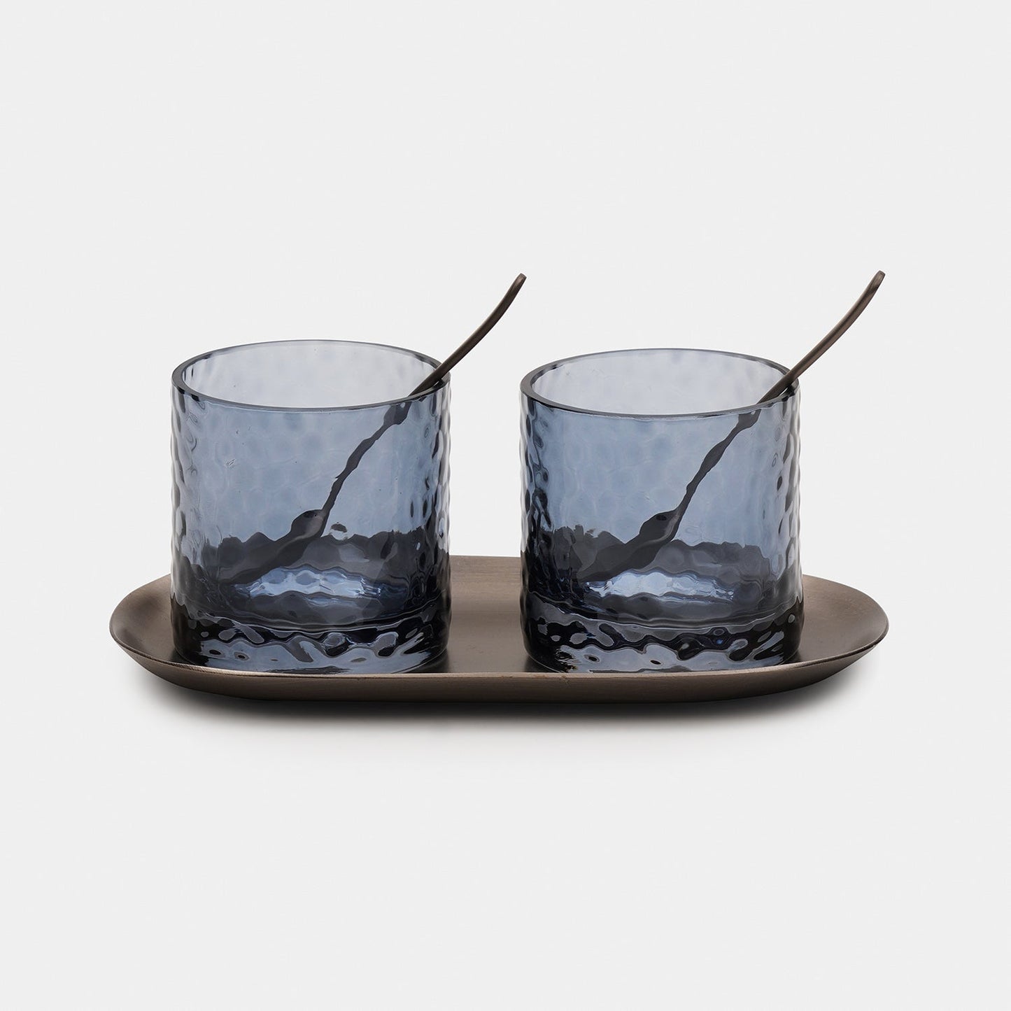 Set of 2 Navy Hammered Condiment Jars with Tray - Small